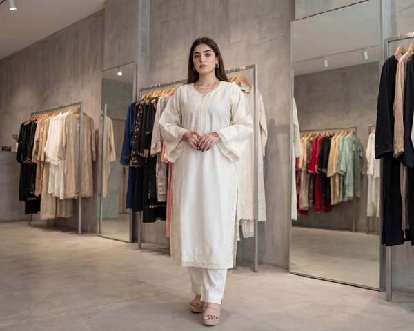 Ivory Grace Chikankari Cotton 2-Piece Suit – Embroidered Kurta & Trouser Set