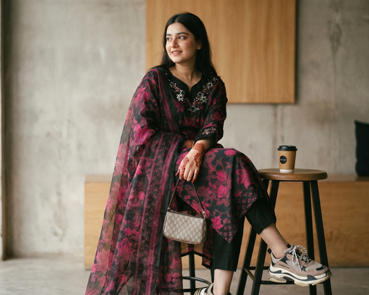 Midnight Bloom Embroidered Cotton 3-Piece Suit – Floral Printed Lawn Dupatta Set