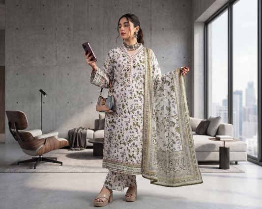 Midnight Bloom Premium Lawn 3-Piece Suit – Embroidered Neckline & Floral Chiffon Dupatta Set