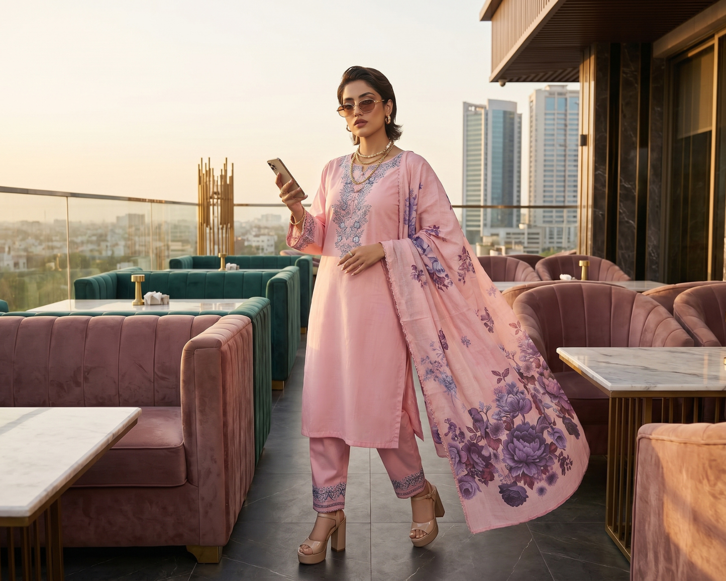 Premium Floral Embroidered Cotton 3-Piece Suit with Digital Print Dupatta