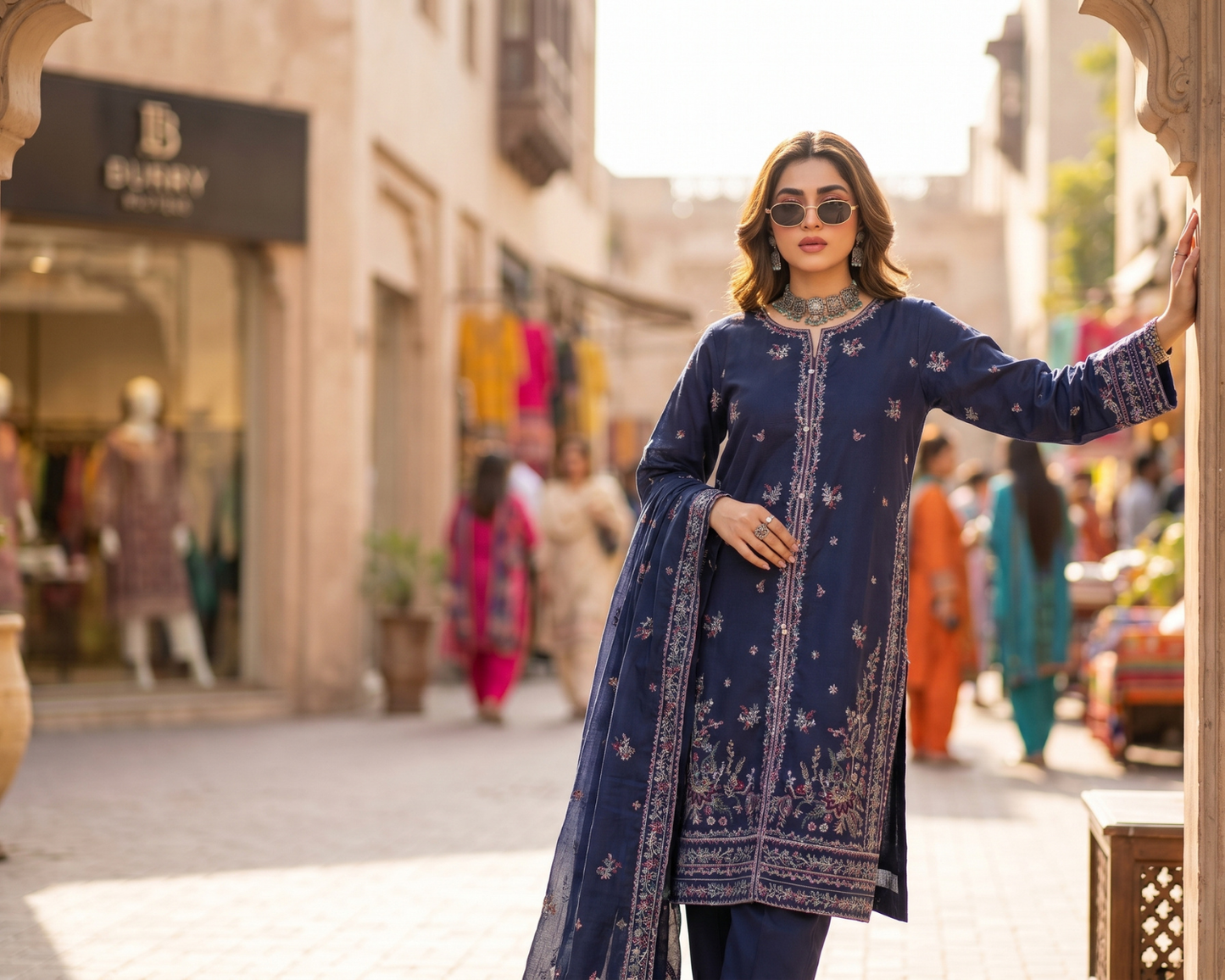 Elegant Center-Panel Embroidered Cotton 3-Piece Suit