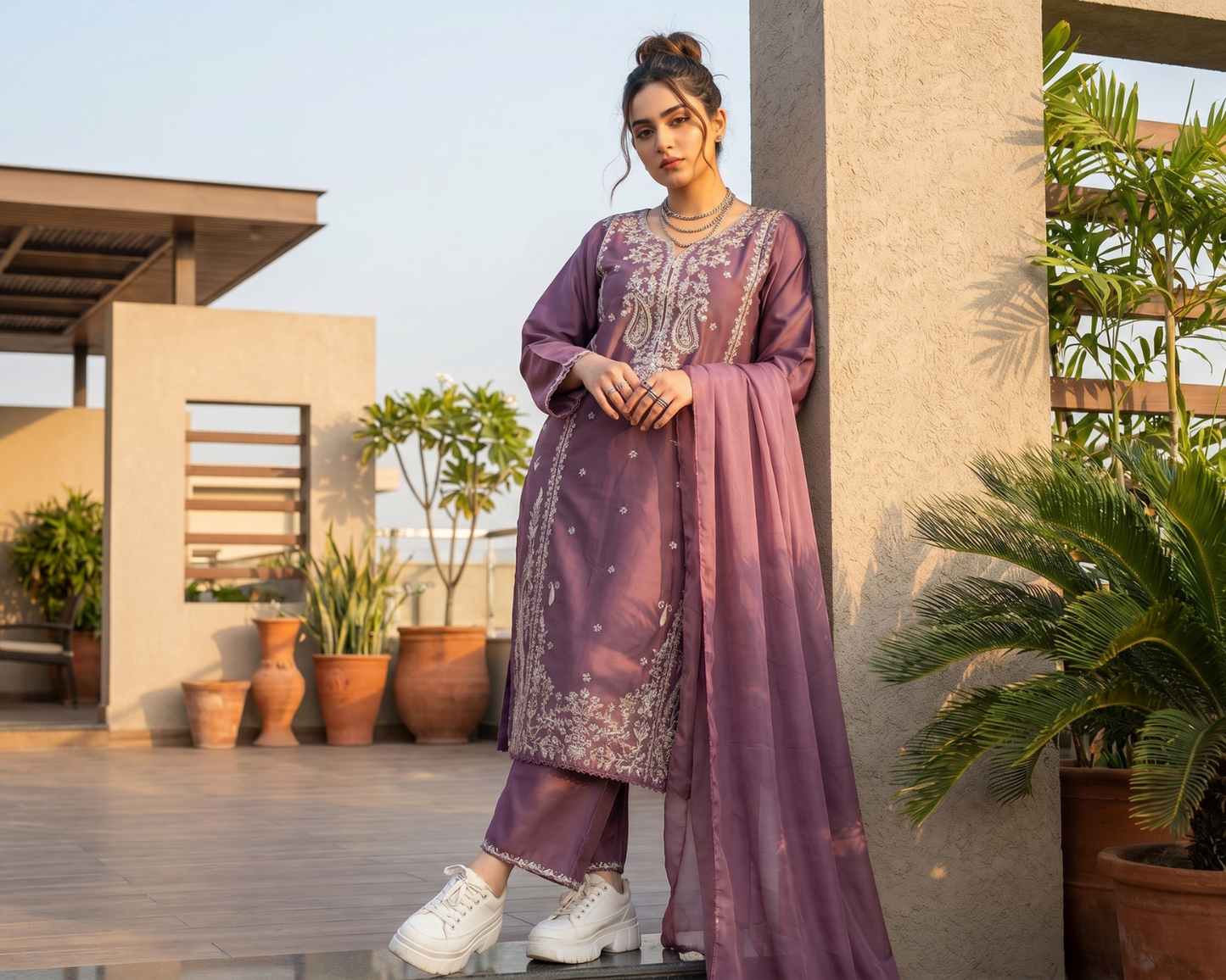 Luxury Purple Embroidered Cotton 3-Piece Suit | Sizes S, M, L