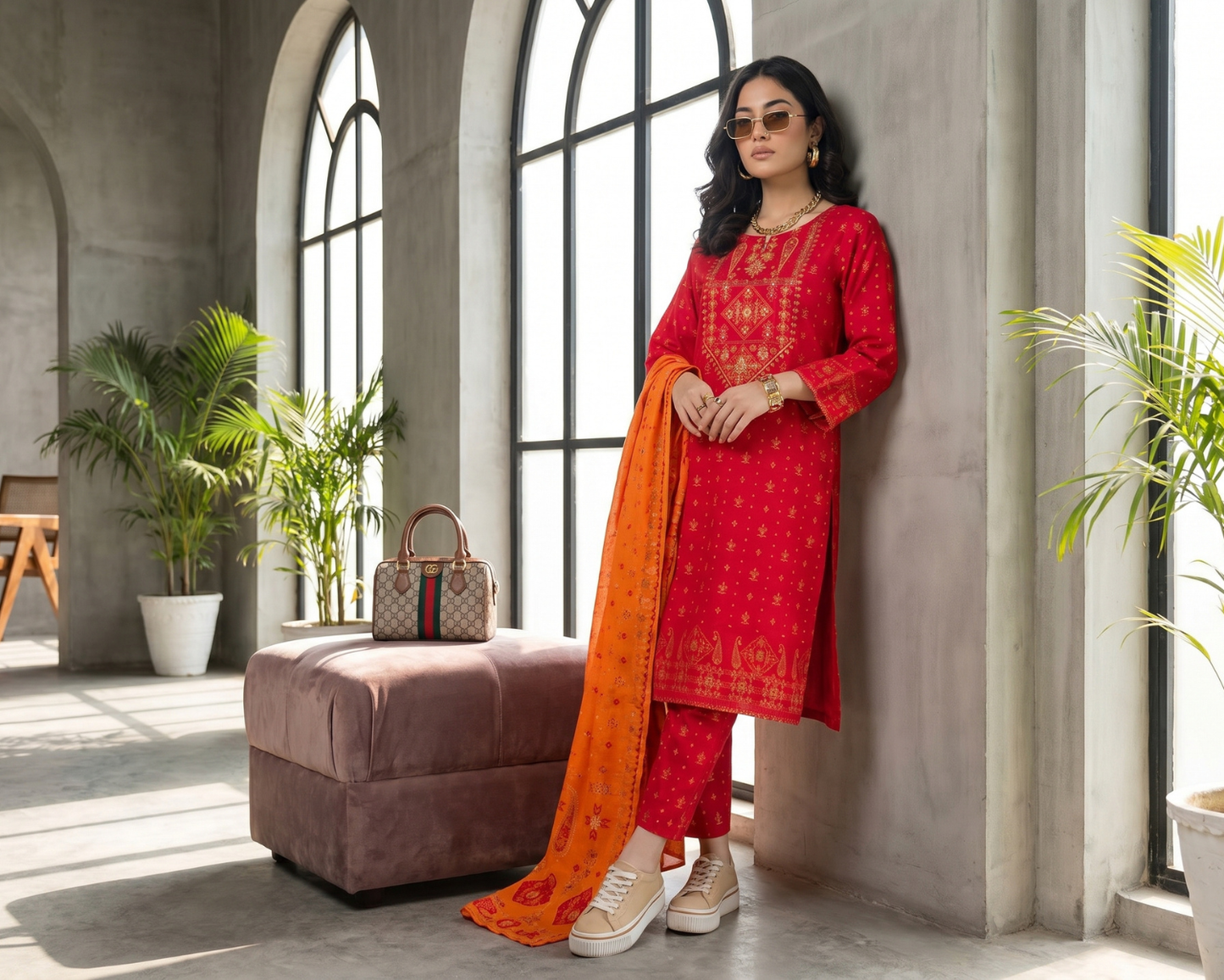 Vibrant Crimson Red Embroidered Cotton 3-Piece Suit