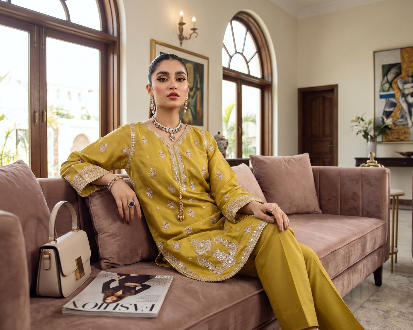 Royal Mustard Embroidered Cotton Kurti with Gold Tilla & Tassels