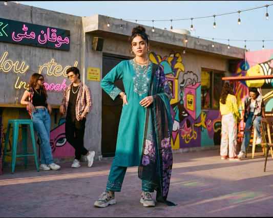 Premium Floral Embroidered Cotton 3-Piece Suit with Digital Print Dupatta