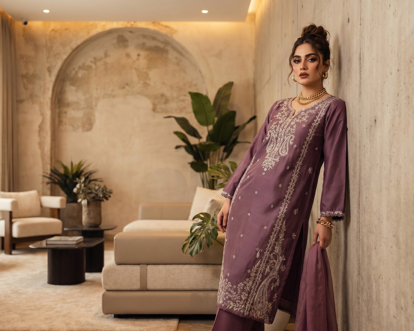 Luxury Purple Embroidered Cotton 3-Piece Suit | Sizes S, M, L