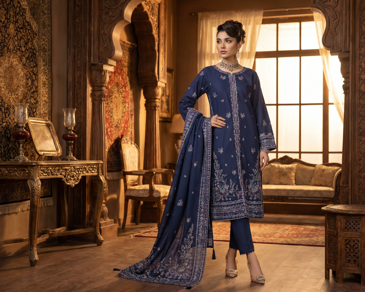 Elegant Center-Panel Embroidered Cotton 3-Piece Suit
