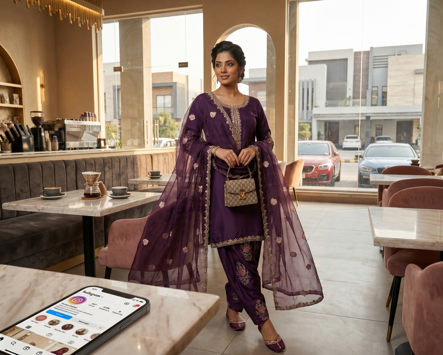 Luxury Raw Silk Center-Placket Embroidered 3-Piece Tulip Suit