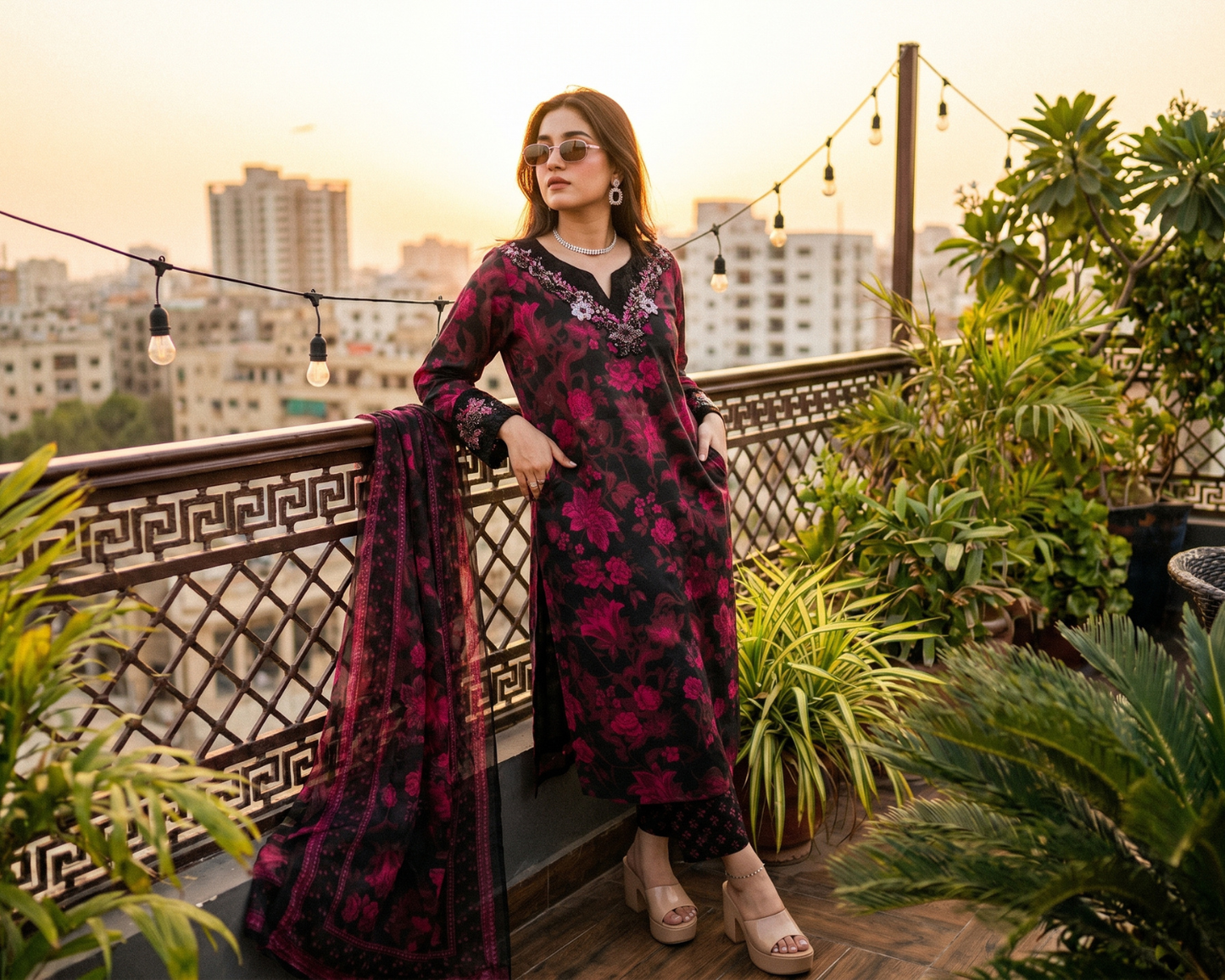 Midnight Bloom Embroidered Cotton 3-Piece Suit – Floral Printed Lawn Dupatta Set
