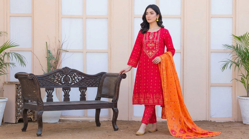 Luxury Red Hand Embroidered 3 Piece Suit – Festive & Party Wear for Women